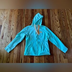 The North Face Baby Blue Zip Up Fleece Jacket with Orange Trim - Small